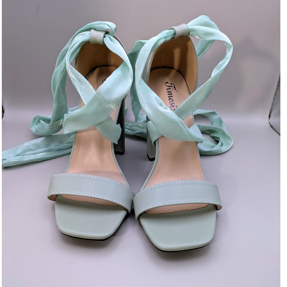 Timesize Mint Green Lace Up Block Heel Sandals Square Toe Ankle Wrap Women Sz 8